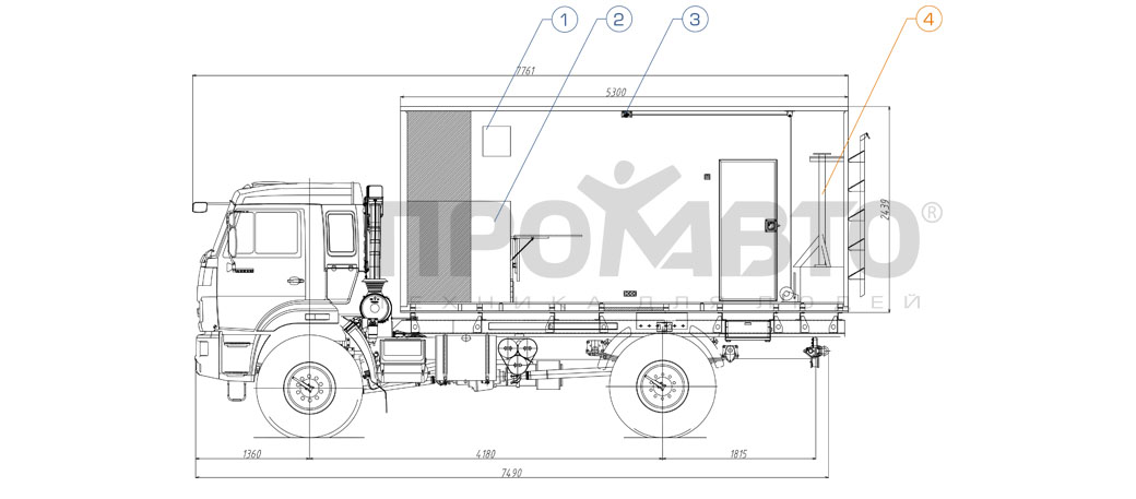 Схема Vehículo con carrocería tipo "Autoclub" en base de KAMAZ 43502 4