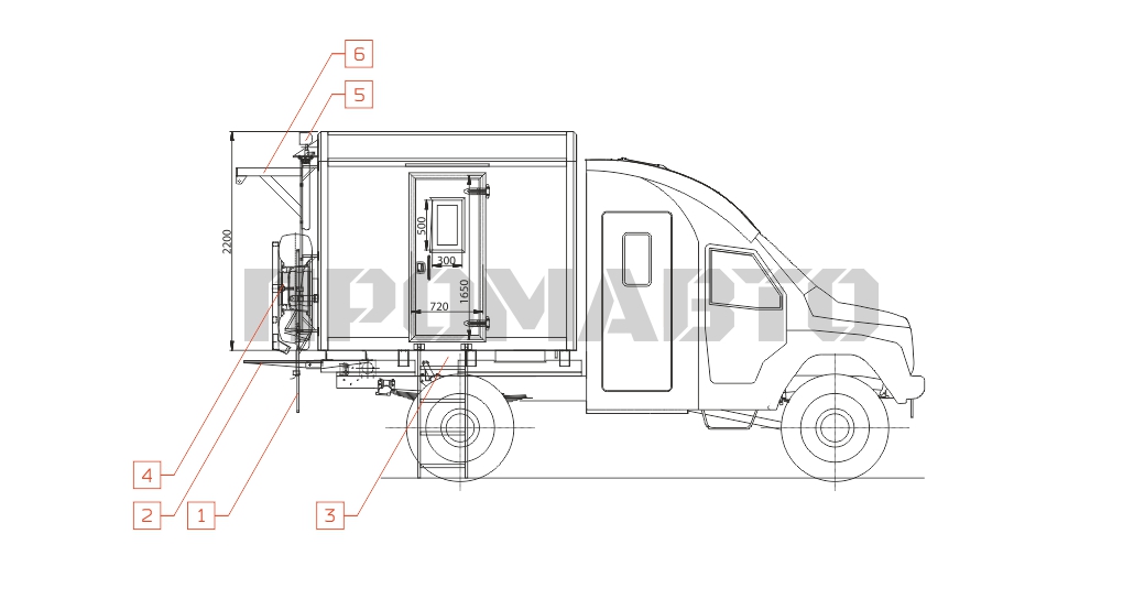 Схема Coche para caza y pesca con chasis GAZ 33081 y con cabina doble Taiga 4